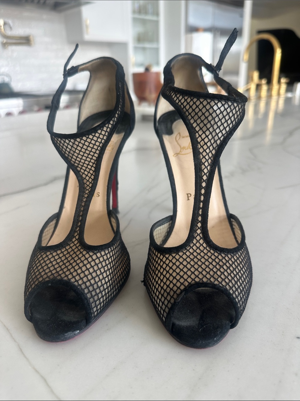 Christian Louboutin Black Mesh T-Strap Peep-Toe Heels with Red Sole